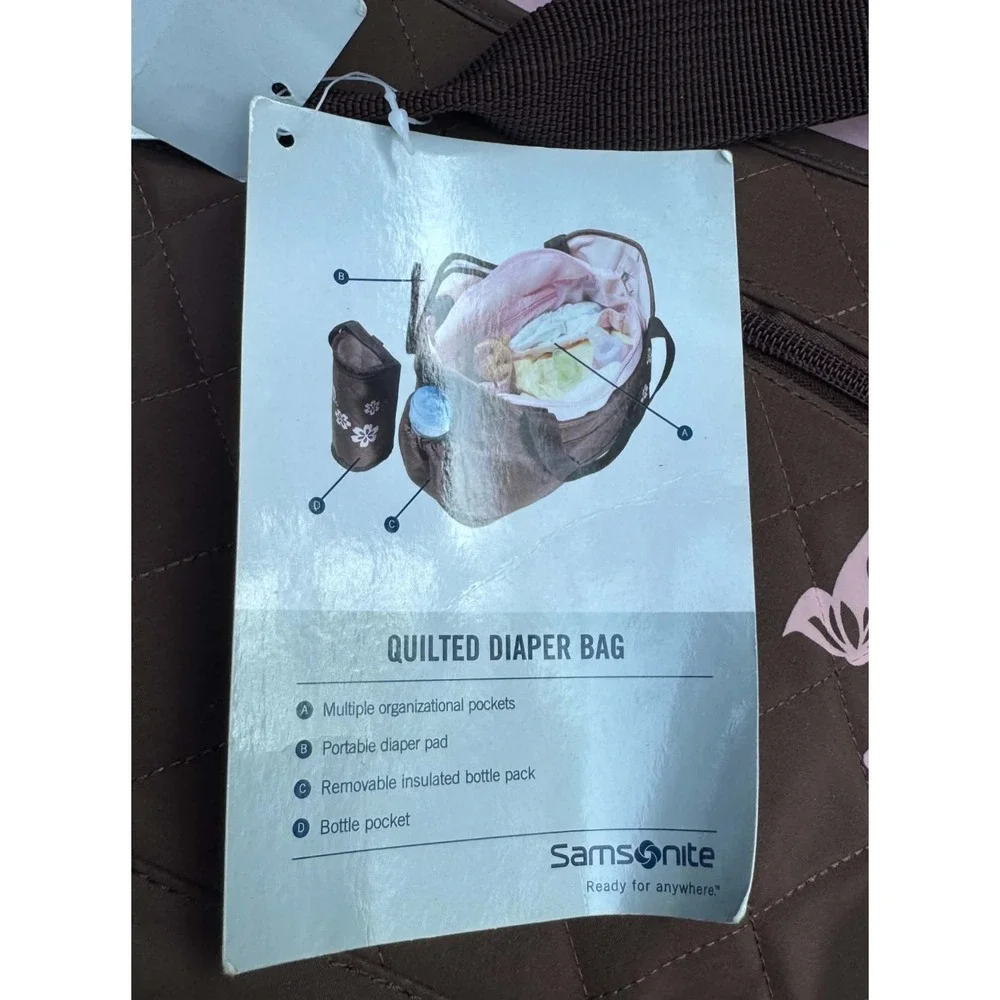 Samsonite Quilted Diaper Bag Brown Pink Changing Pad Insulated Bottle Bag NWT